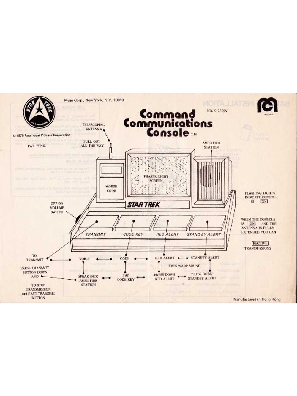 1976 Mego Star Trek Command Communications Console Instruction Sheet